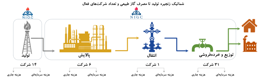شماتیک زنجیره تولید تا مصرف گاز طبیعی وتعداد شرکت های فعال